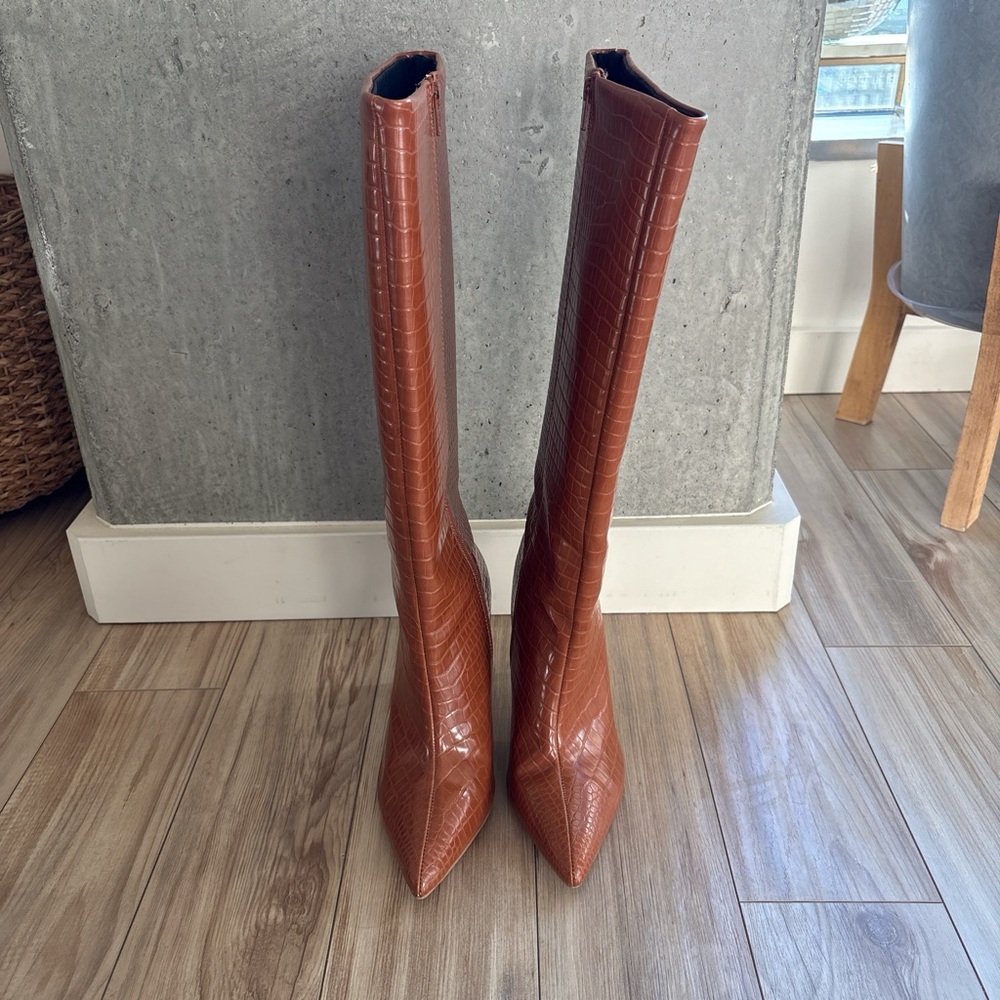 ASOS Brown Croc-Embossed Over the Knee Boots